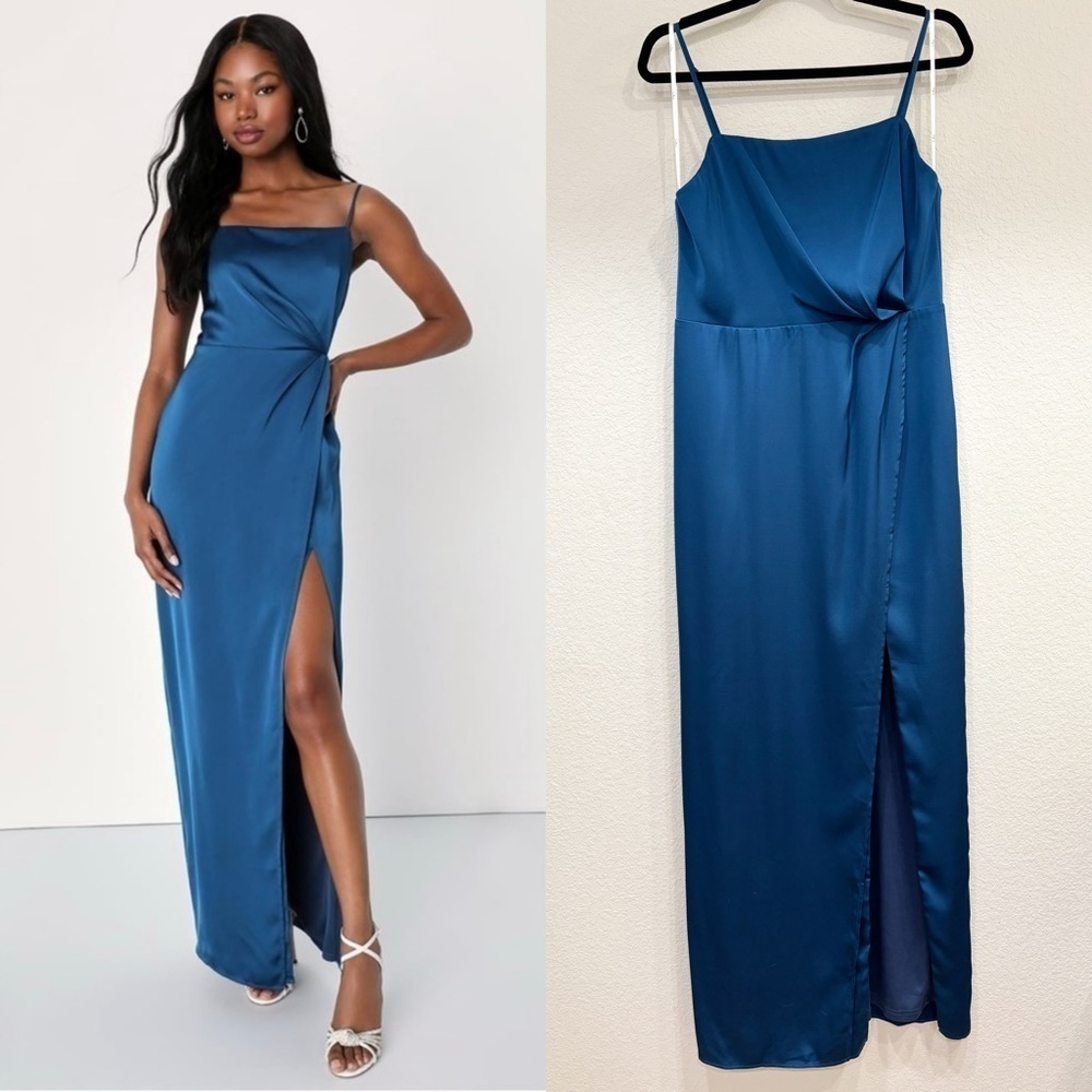 Size L - NWOT Lulus Destiny Awaits Navy Blue Satin Faux-Wrap Maxi Dress‎